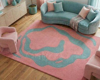 Hand-Tufted Wool Area Rug: Pink & Blue Abstract Design, Modern Accent