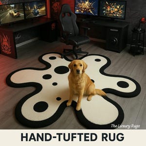 Black White Rug Irregular Shape Modern 5x5 Hand Tufted Blob Wool Area Rug for Gaming room Abstract Amoeba Shape For Bedroom Living Room Hall