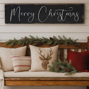 Rustic Antique style Merry Christmas wood sign. Indoor or outdoor winter decorations perfect for the entryway, living room & porch decor 46&quot;