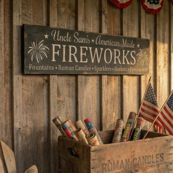 Enseigne de feux d'artifice de style antique. Enseigne murale en bois massif pour décoration de porche patriotique. Les feux d'artifice fabriqués aux États-Unis par l'Oncle Sam. 46"