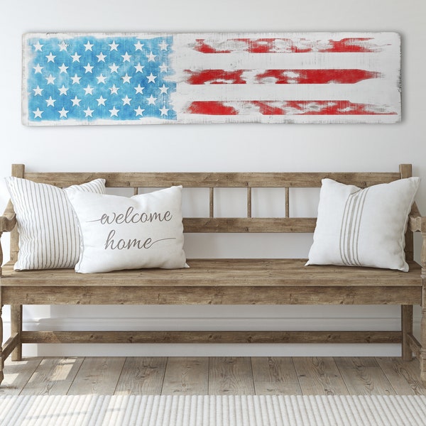 Large antique style red white & blue American flag. Solid wood wall hanging sign for patriotic summer entryway decor. Handmade in Ohio, USA!