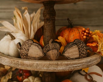 Reclaimed wood acorns freestanding for tiered tray decor, shelf display, tabletop decorations & more. Rustic Fall Decor. Weathered barn wood