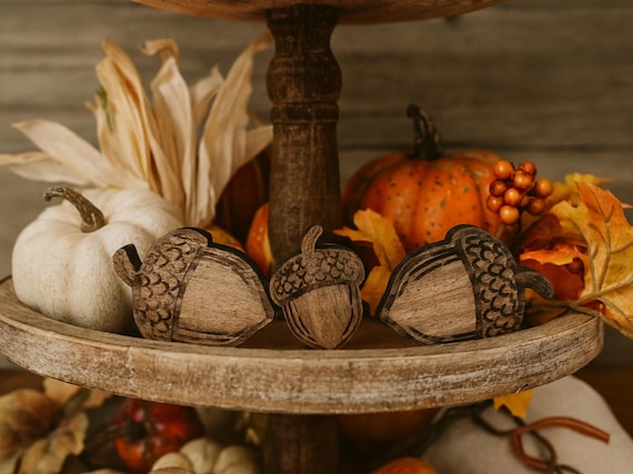 Reclaimed wood acorns freestanding for tiered tray decor, shelf display, tabletop decorations & more. Rustic Fall Decor. Weathered barn wood