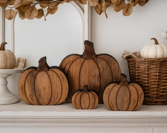 Reclaimed wood pumpkins freestanding for tiered tray decor, shelf display, tabletop decorations & more. Rustic Fall Decor. Weathered wood.