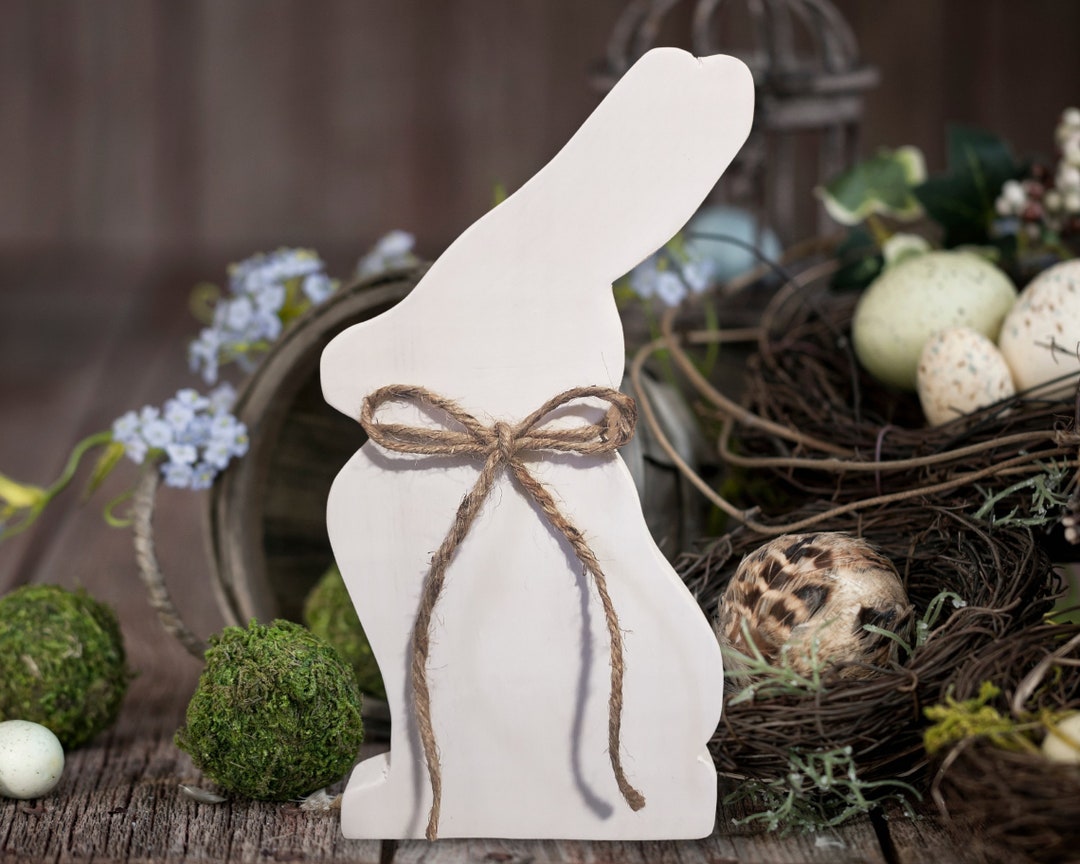 Freestanding Wooden Rabbit With Jute Twine Bow. Handcrafted Solid Wood ...