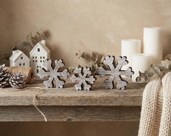 Whitewashed Reclaimed Wood Snowflakes. Rustic Antique Style Christmas Decor for Table Display, Shelf Decoration or Tiered Tray Decor.
