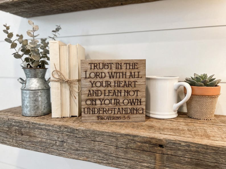 Proverbs 3:5 Freestanding reclaimed wood bible verse sign. Rustic Christian Decor. Religious scripture engraved into barn wood. 3.5 Inches image 4