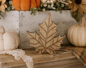 Reclaimed wood leaf freestanding for tiered tray decor, shelf display, tabletop decorations & more. Rustic Fall Decor. Weathered barn wood.