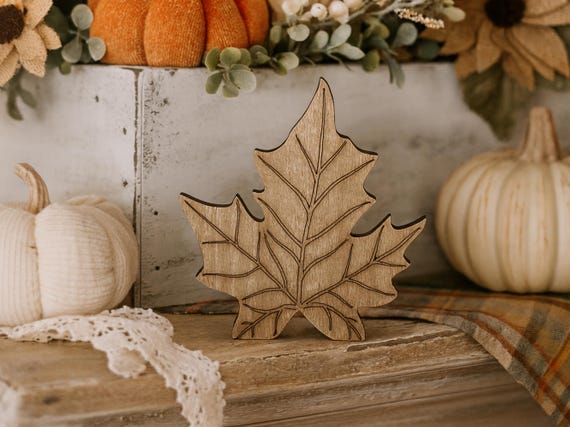Reclaimed wood leaf freestanding for tiered tray decor, shelf display, tabletop decorations & more. Rustic Fall Decor. Weathered barn wood.
