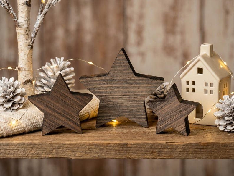 Reclaimed Wood Stars. Rustic Antique Style Christmas Decor for Table Display, Shelf Decoration or Tiered Tray Decor. Weathered Barn Wood. image 11