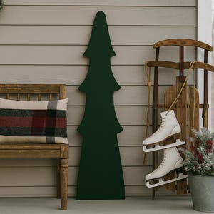 Timeless porch leaner tree handcrafted from solid wood. Outdoor Christmas decor & winter porch decoration. Hand painted dark evergreen. 46&quot;