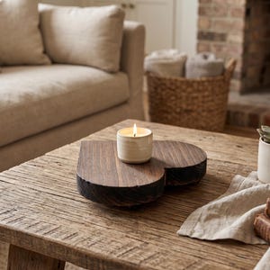 May include: A lit candle in a small, off-white ceramic container sits on a heart-shaped wooden tray. The tray is on a rustic wooden table, with a succulent in a pot and books nearby. A cozy living room setting.