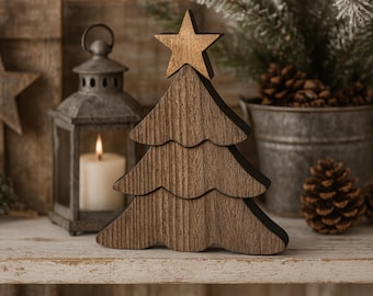 Reclaimed Wood Christmas Tree with Gold Star. Rustic Antique Style Christmas Decor. Table Display, Shelf Decoration & Tiered Tray Decor.