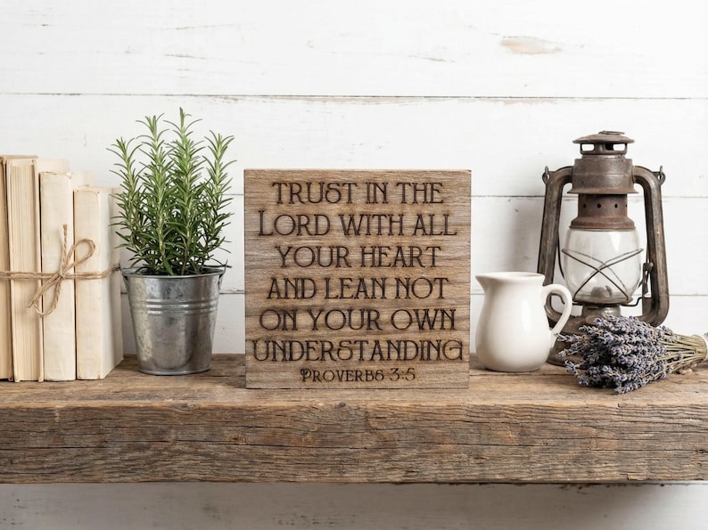 Proverbs 3:5 Freestanding reclaimed wood bible verse sign. Rustic Christian Decor. Religious scripture engraved into barn wood. 3.5 Inches image 2