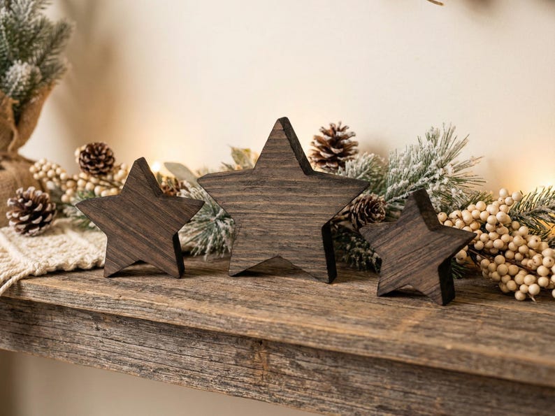 Reclaimed Wood Stars. Rustic Antique Style Christmas Decor for Table Display, Shelf Decoration or Tiered Tray Decor. Weathered Barn Wood. image 3