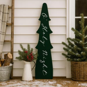 Timeless porch leaner evergreen tree elegantly hand painted with O&#39; Holy Night. Outdoor Christmas decor & wooden winter porch decorations.