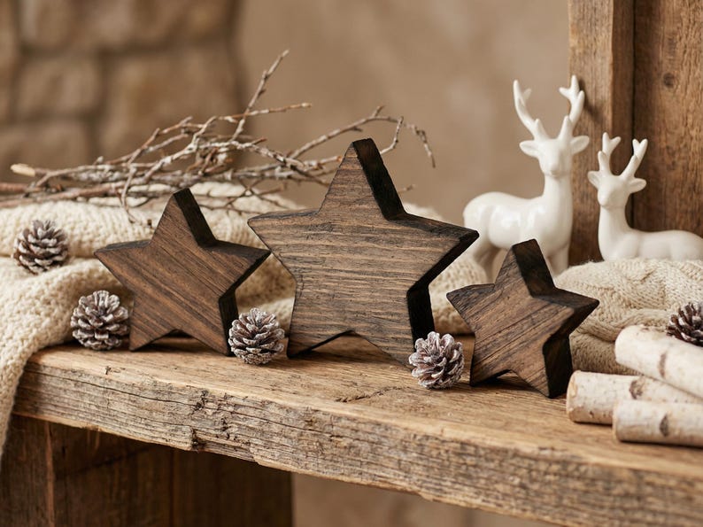 Reclaimed Wood Stars. Rustic Antique Style Christmas Decor for Table Display, Shelf Decoration or Tiered Tray Decor. Weathered Barn Wood. image 8