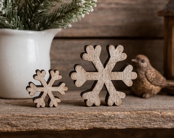 Reclaimed Wood Snowflakes. Rustic Antique Style Christmas Decor for Table Display, Shelf Decoration or Tiered Tray Decor.