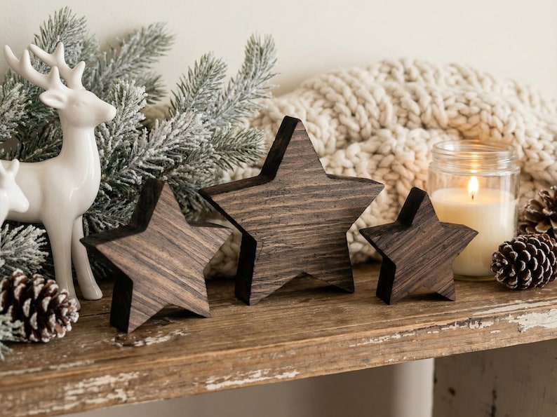 Reclaimed Wood Stars. Rustic Antique Style Christmas Decor for Table Display, Shelf Decoration or Tiered Tray Decor. Weathered Barn Wood. image 6