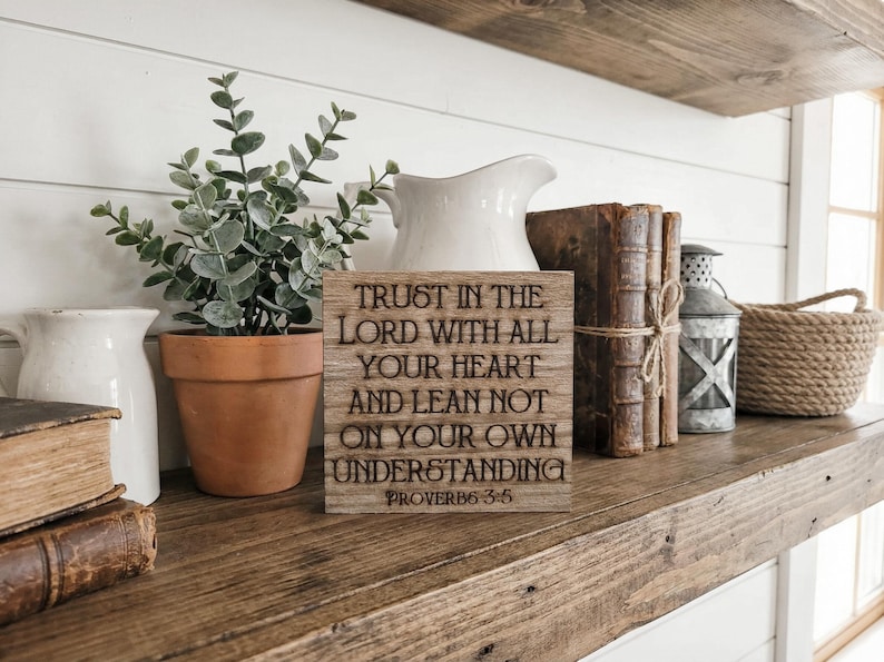 Proverbs 3:5 Freestanding reclaimed wood bible verse sign. Rustic Christian Decor. Religious scripture engraved into barn wood. 3.5 Inches image 3
