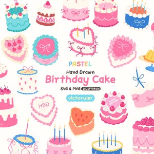 Pastel Birthday Cakes Illustration: Hand Drawn SVG, PNG Clipart Digital Download