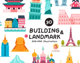World Landmarks Clipart, Famous Buildings & Monuments, Travel Architecture SVG PNG, Landmark Illustration Bundle