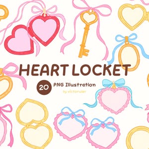 Heart Locket Clipart, Coquette heart PNG, Valentine, Wedding Illustrations, Digital Download