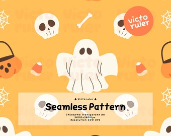 Wzór Halloween w formacie PNG, uroczy papier cyfrowy z duchem, wzór czaszki kawaii, tło z kukurydzy cukrowej, jesienny papier do scrapbookingu