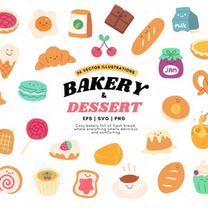 Panadería Clipart SVG, panadería kawaii, Panadería PNG, menú de panadería, Estilo de color vibrante, Postre clipart lindo, Menú SVG