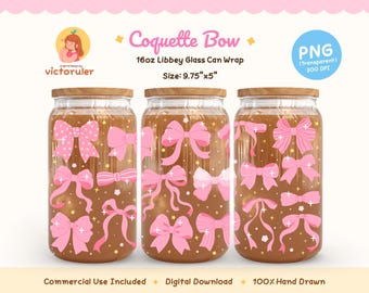Opakowanie na puszkę szklaną Coquette Pink Bow o pojemności 16 uncji, Libbey Sublimation PNG, pobieranie cyfrowe