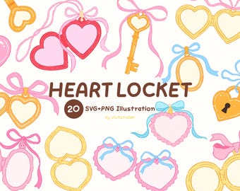 Heart Locket Clipart, Coquette heart SVG PNG, Valentine, Wedding Illustrations, Digital Download