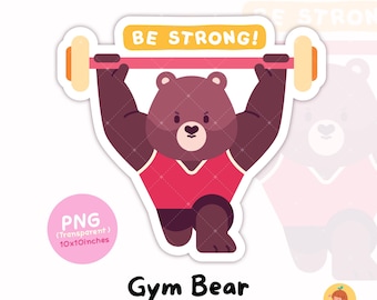 Gym Bear PNG, Clipart podnoszenia ciężarów, Naklejka z ćwiczeniami, Fitness Digital Download, Użytek komercyjny