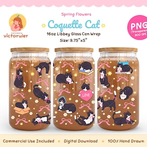 May include: Three glass can wraps with wooden lids, each featuring a design of black and white cats, pink bows, and the text "Coquette Cat." The wraps are 9.75" x 5" and hold 16oz. The design includes the text "Spring Flowers."