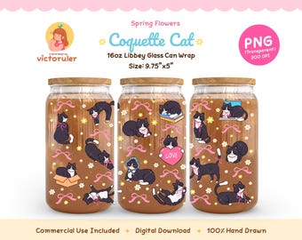 Coquette Tuxedo Cat 16oz Libbey Glass Can Wrap PNG, Cute Floral Bow Daisy Glass Cup Wrap, Spring Kawaii Kitty Sublimation Design