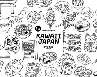 Zestaw ręcznie rysowanych japońskich clipartów, Japonia SVG PNG, Kawaii Japan Doodle, Ilustracja podróżnicza z Japonii