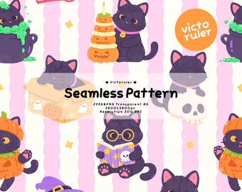 Wzór z czarnym kotem na Halloween, słodki, straszny, kawaii Halloween, papier do scrapbookingu do druku