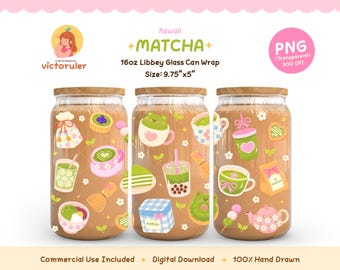 Kawaii Matcha Glass Can Wrap PNG, 16oz Libbey Cup Wrap, Cute Matcha Latte Sublimation, Matcha Lover Gift, Cute Pastel Cafe Aesthetic
