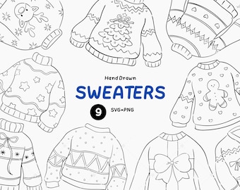 Ręcznie rysowane swetry, brzydkie swetry SVG, ubrania, fantazyjne ilustracje zaproszeń świątecznych