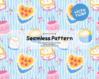 Coquette Birthday Cake Seamless Pattern PNG, Cute Pastel Cherry Cake Digital Paper, Kawaii Seamless Background, Fabric Print