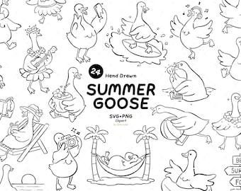 Hand Drawn Silly Goose SVG PNG Bundle, Funny Goose Clipart, Cartoon Goose, Summer Goose Illustration, Cute Goose Drawing