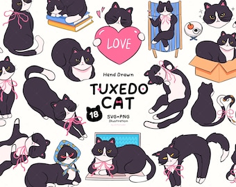 Tuxedo Cat Clipart Bundle, Hand Drawn Cat SVG PNG, Kawaii Kitty Illustration, Digital Download