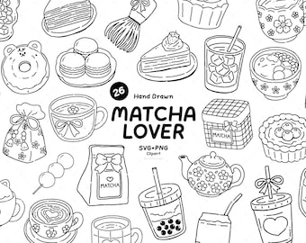 Zestaw ręcznie rysowanych klipartów Matcha, Kawaii Matcha SVG PNG, Ilustracja napoju, Desery kawiarniane, Miłośnik herbaty