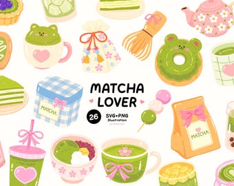 Matcha Lover Clipart Bundle PNG SVG, Kawaii Matcha Illustrations, Japanese Dessert Clipart, Matcha Latte, Cute Pastel Cafe Aesthetic