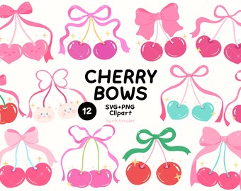 Clipart z kokardą wiśniową SVG PNG, Clipart z różową wiśnią, Urocze wiśnie kokietki, Kawaii kokarda wiśniowa, Dziewczęca grafika wektorowa, Pobieranie cyfrowe
