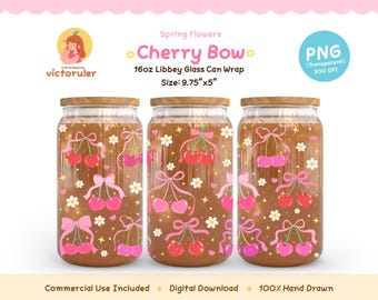 Coquette Cherry Bow Glass Can Wrap PNG, 16oz Libbey Cup Wrap, Spring Floral Cherry Design, Pink Bow Sublimation