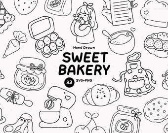 Bakery Clipart SVG PNG Hand Drawn, Bakery Illustration, Cute Bread Pastry Doodle, Digital Download