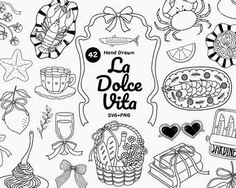 La Dolce Vita Clipart, Hand Drawn Italian Doodle Illustration, SVG PNG Digital Download