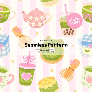 Könnte beinhalten: Ein nahtloses Muster mit Matcha-Tee-Illustrationen. Es zeigt eine rosa Teekanne mit weißen Blumen, Matcha-Getränke, einen Schneebesen und ein grünes, froschförmiges Gebäck. Der Text "Seamless Pattern" ist in der Mitte abgebildet.