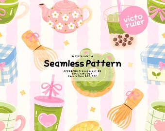 Wzór Kawaii Matcha bez szwu PNG, cyfrowy papier Matcha, uroczy wzór japońskiej herbaty, estetyczne tło pastelowej kawiarni