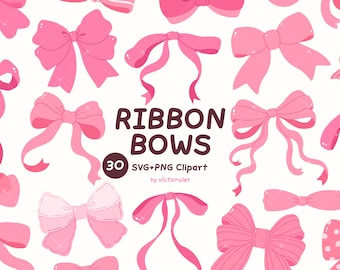Pink Ribbon Bows SVG PNG Clipart Bundle, Kawaii Bow Illustration, Coquette Ribbon, Digital Download
